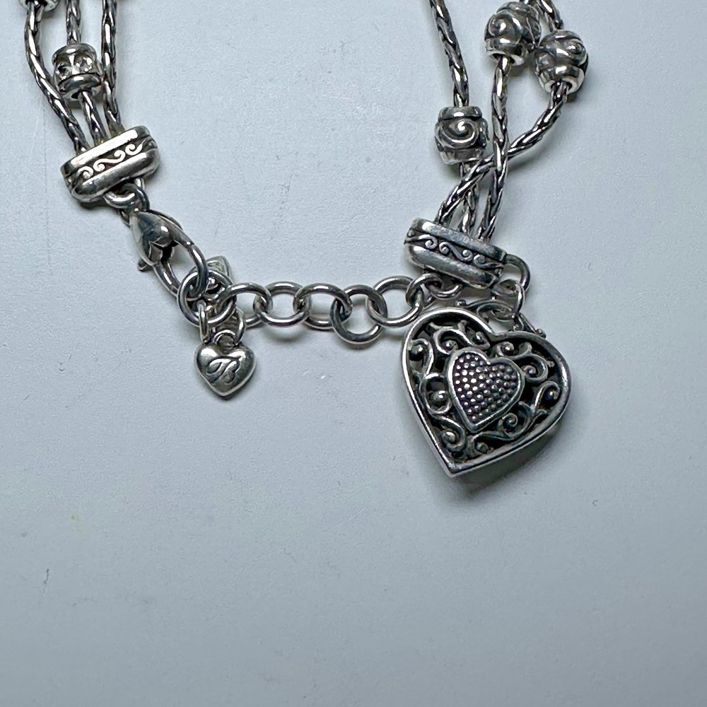 Brighton Silver Plated Reno Heart Triple Strand Heart Charms Clear Crystals - Picture 4 of 7